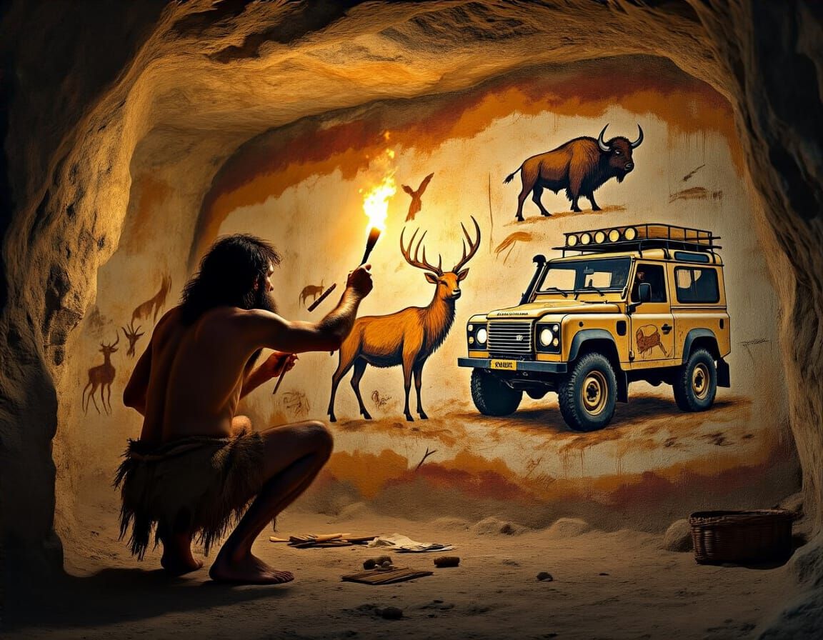 Prehistoric Cave Painting of Land Rover in Lascaux Style