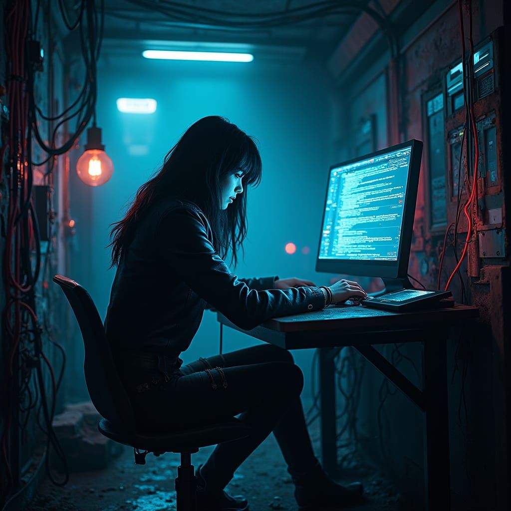 Hacker in Cyberpunk Bunker Breaching Firewall