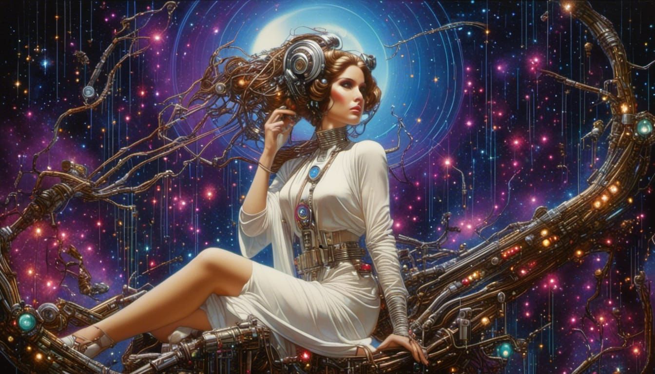 Futuristic Chrome Princess Leia in Cyberpunk Sci-Fi Style