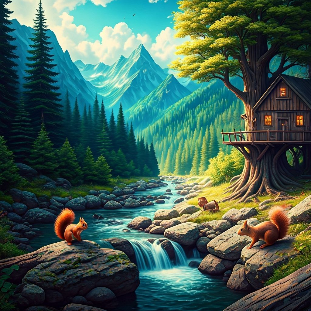 Fantasy Mountain View with Treehouse in Dreamy Style