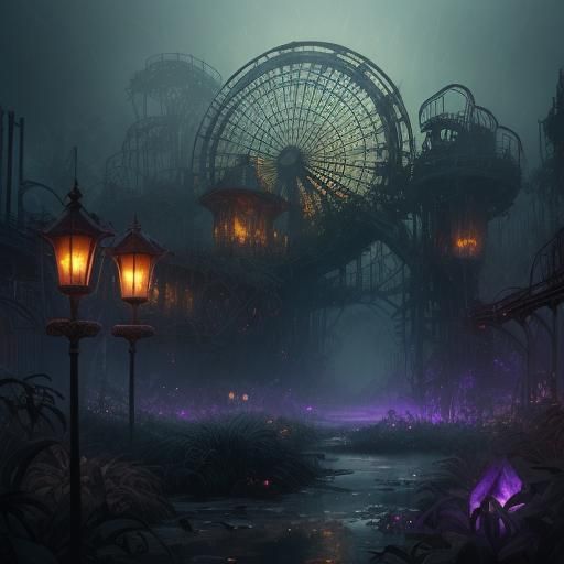 Eerie Abandoned Theme Park at Dusk in Dark Fantasy Style