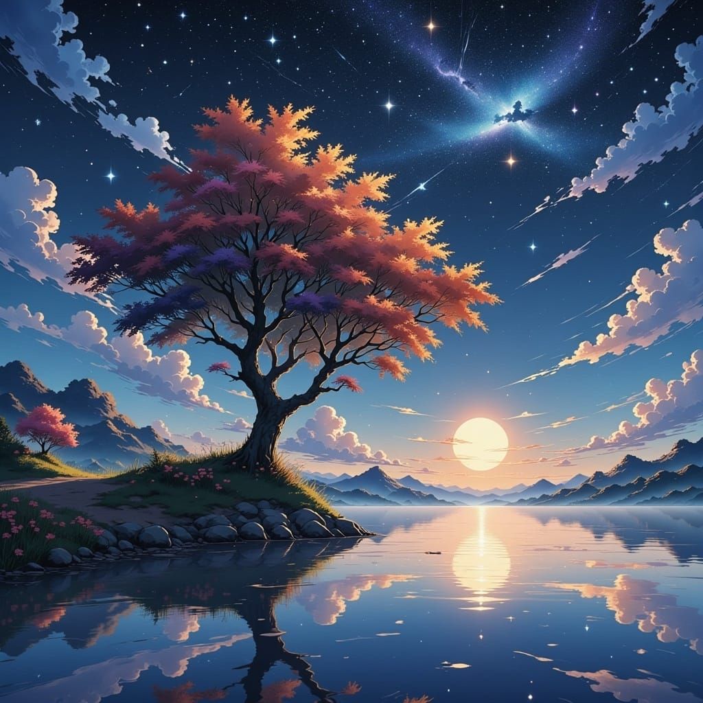Four Seasons Tree Reflected at Night, Anime Style