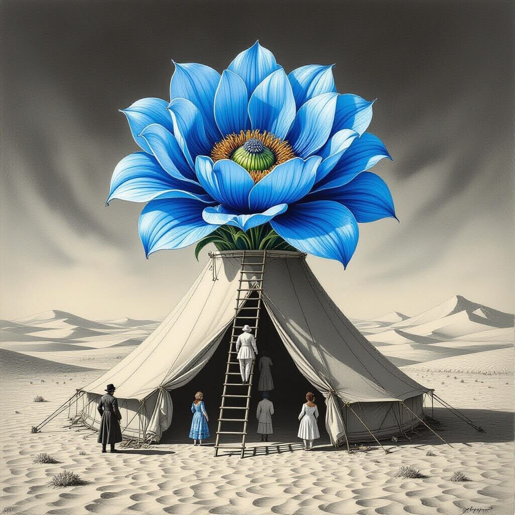 Surreal Baroque Desert Tent with Ascending Figures