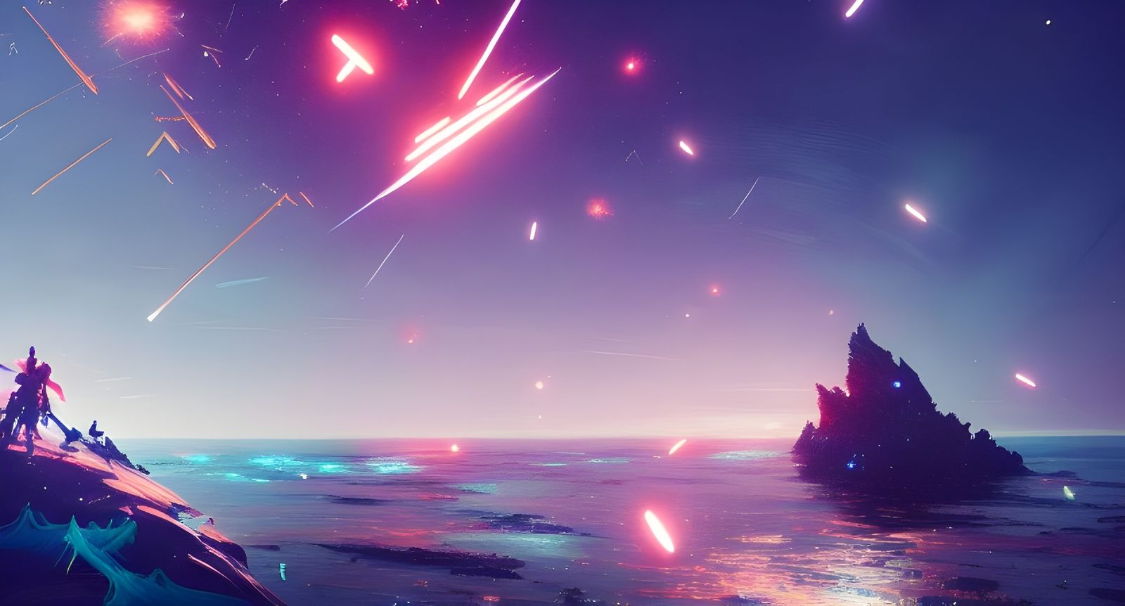 Shooting Stars Fall into the Ocean: Digital Illustration