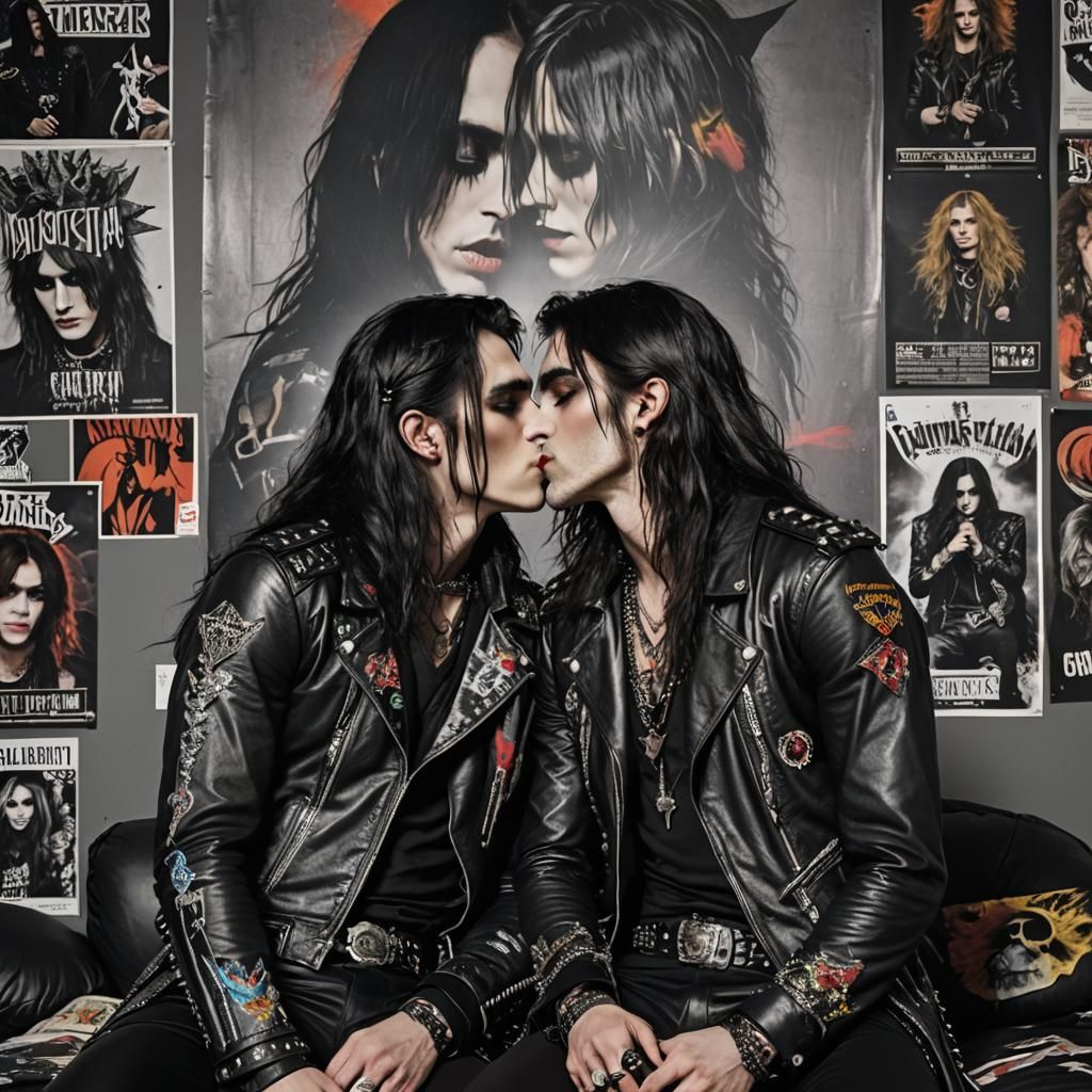 Gothic Gay Couple Kissing in Rockstar Room