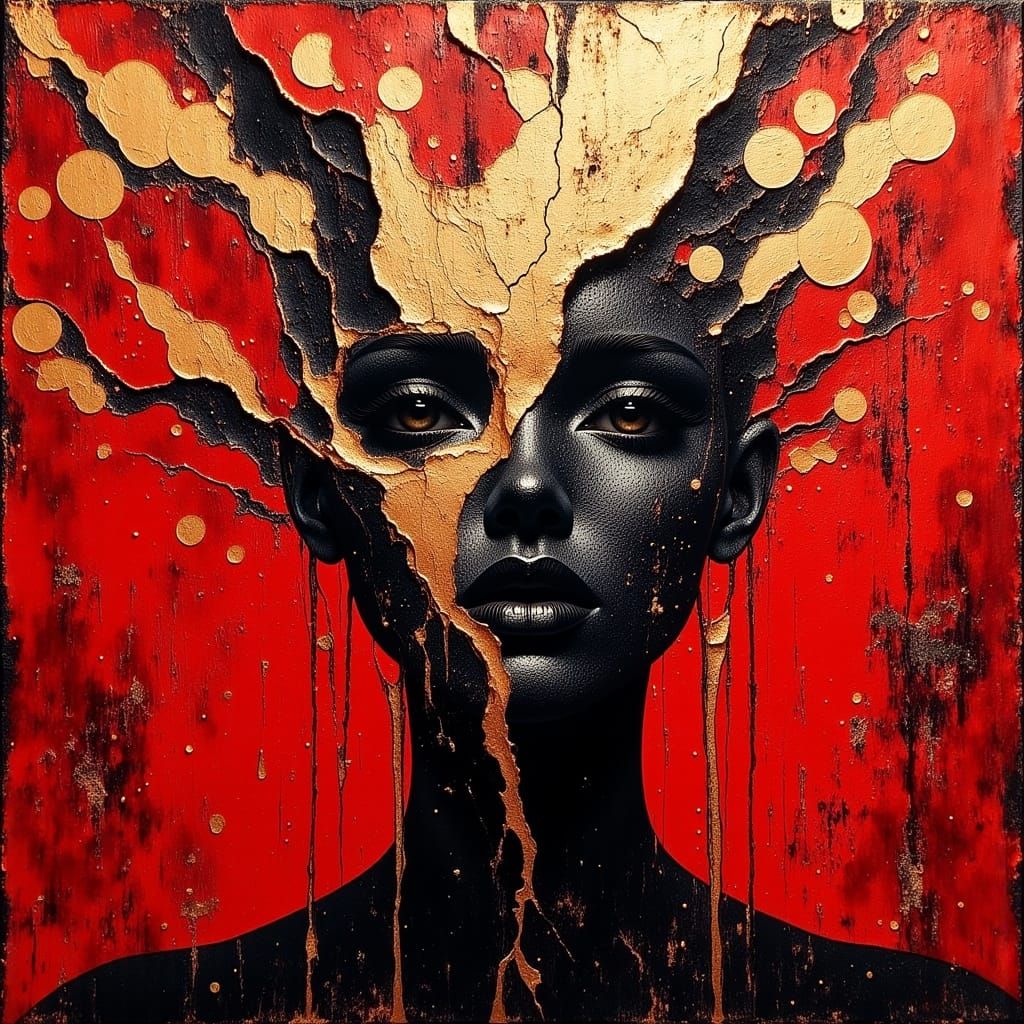 Red Morbid Painting with Gold Leaf Accents