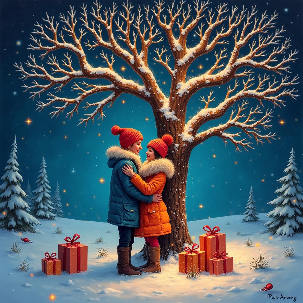 Couple Embracing Under a Cosmic Winter Tree