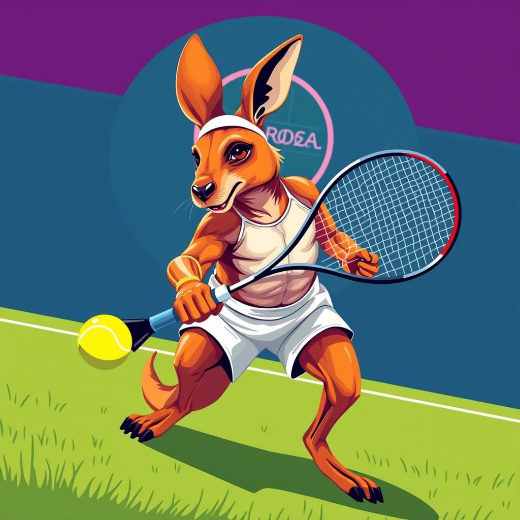 Kangaroo Plays Tennis at Wimbledon: Pop Art Style