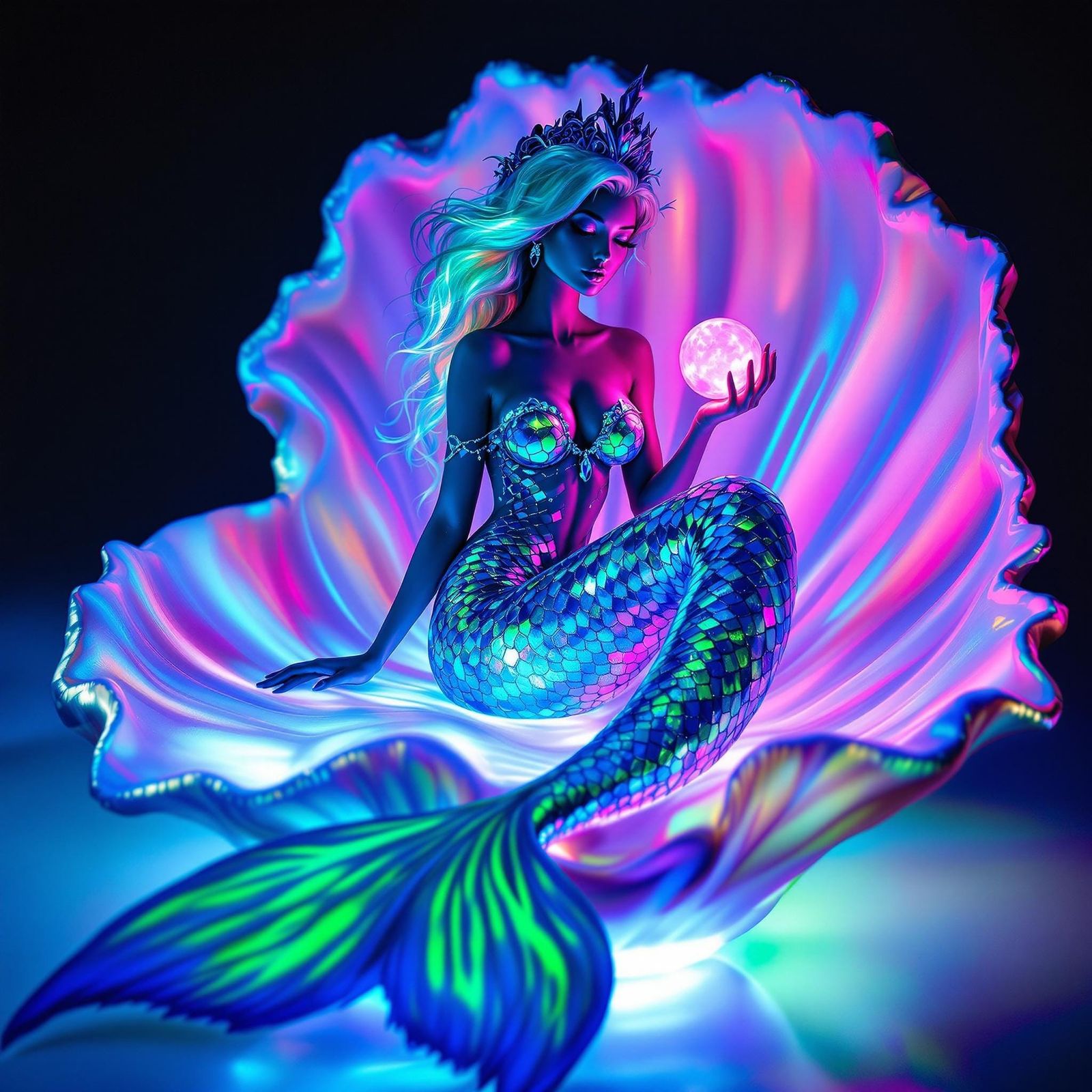 Majestic Mermaid Radiates Ethereal Glow in Neon Hues