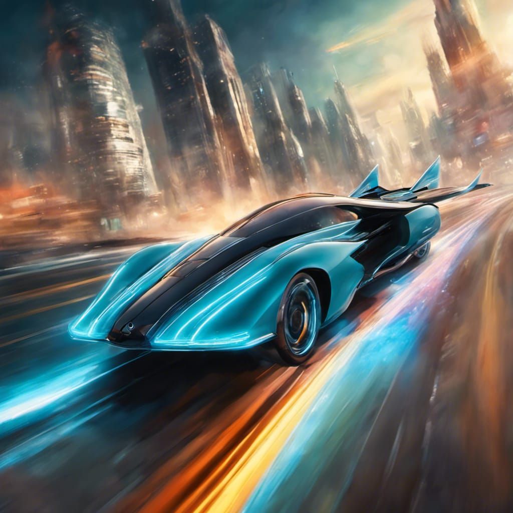 Retrofuturist Flying Car Above Cyberpunk Cityscape