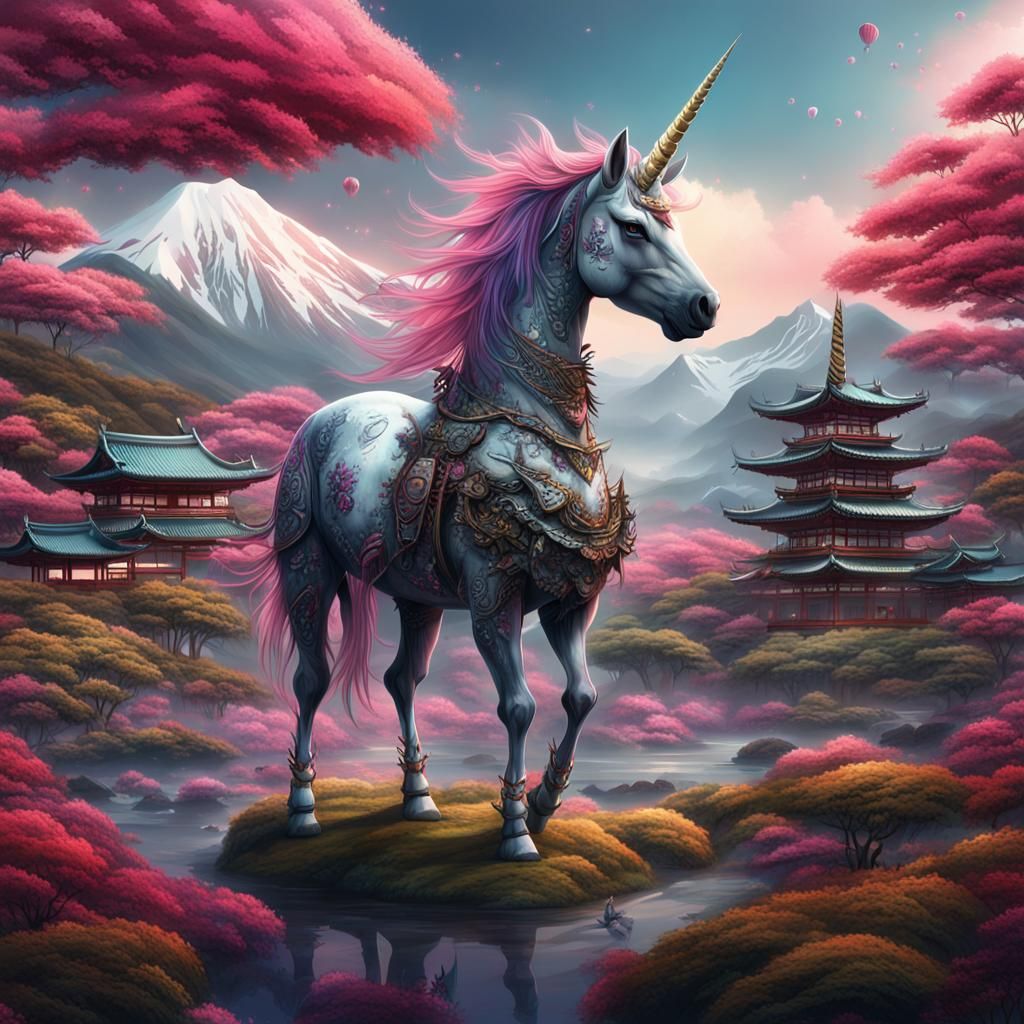 Punk Unicorn in Surreal Japanese Landscape