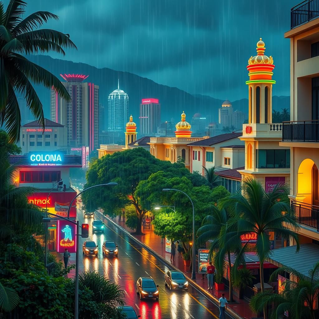 Vibrant Colombian Cityscape with Retro-Futuristic Elements
