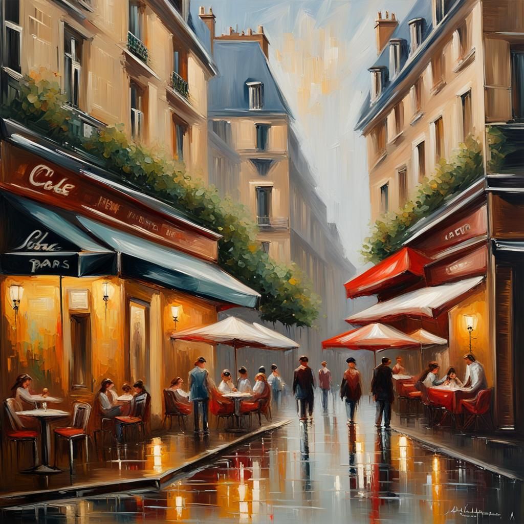 Paris street scene, cafe, charmed, detailed and intricate environment, oil painting, palette knife, soft brush strokes, ...