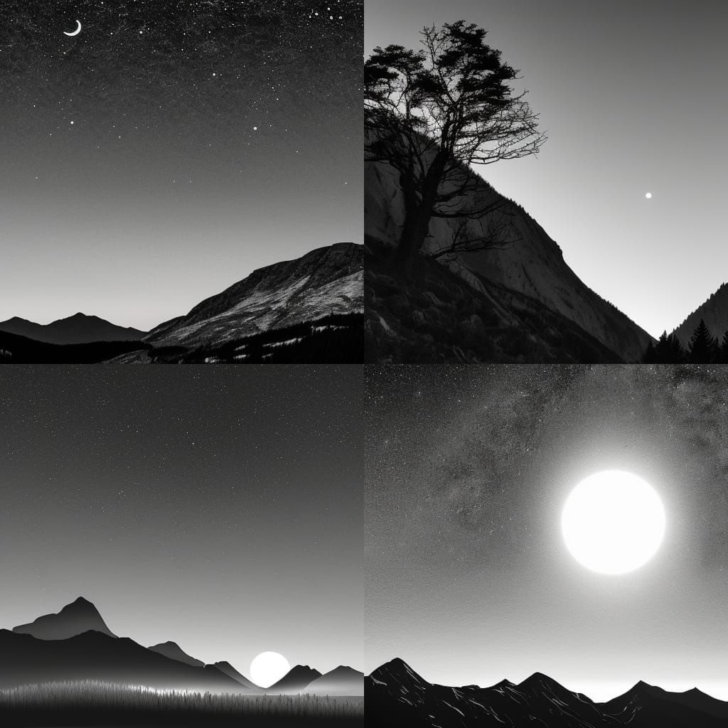 Photorealistic Mountain Landscape with Starry Sky in Black a...