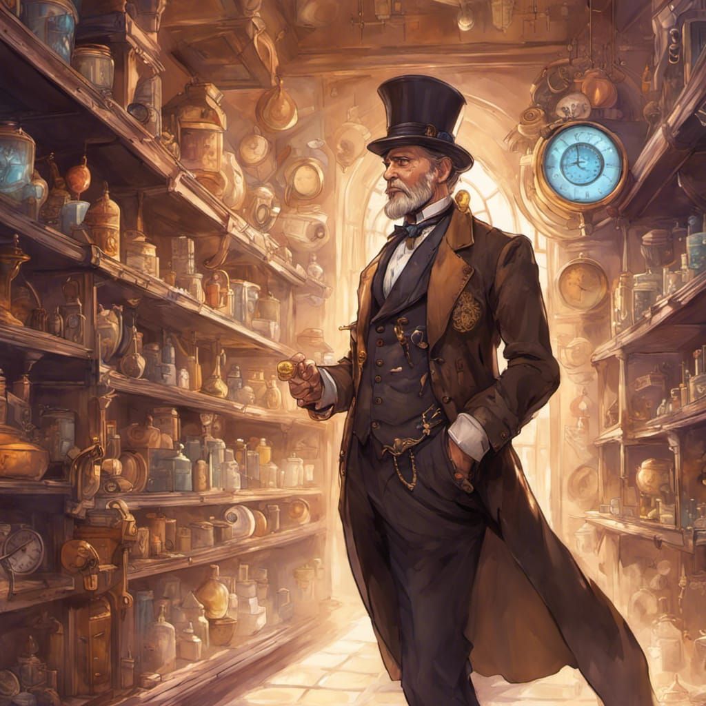 Steampunk Store with Dapper Salesman: Hyperrealistic Illustr...