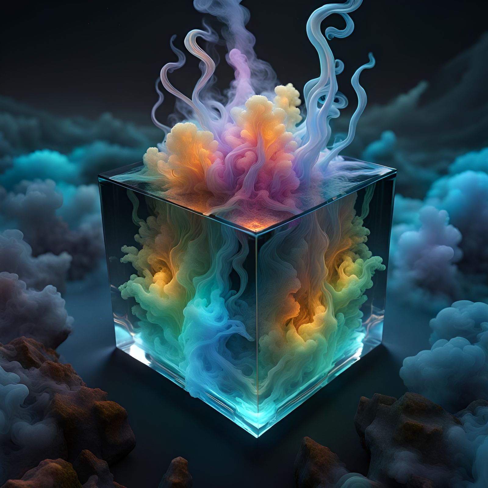 Crystal Cube with Bioluminescent Smoke, Dark Fantasy Art