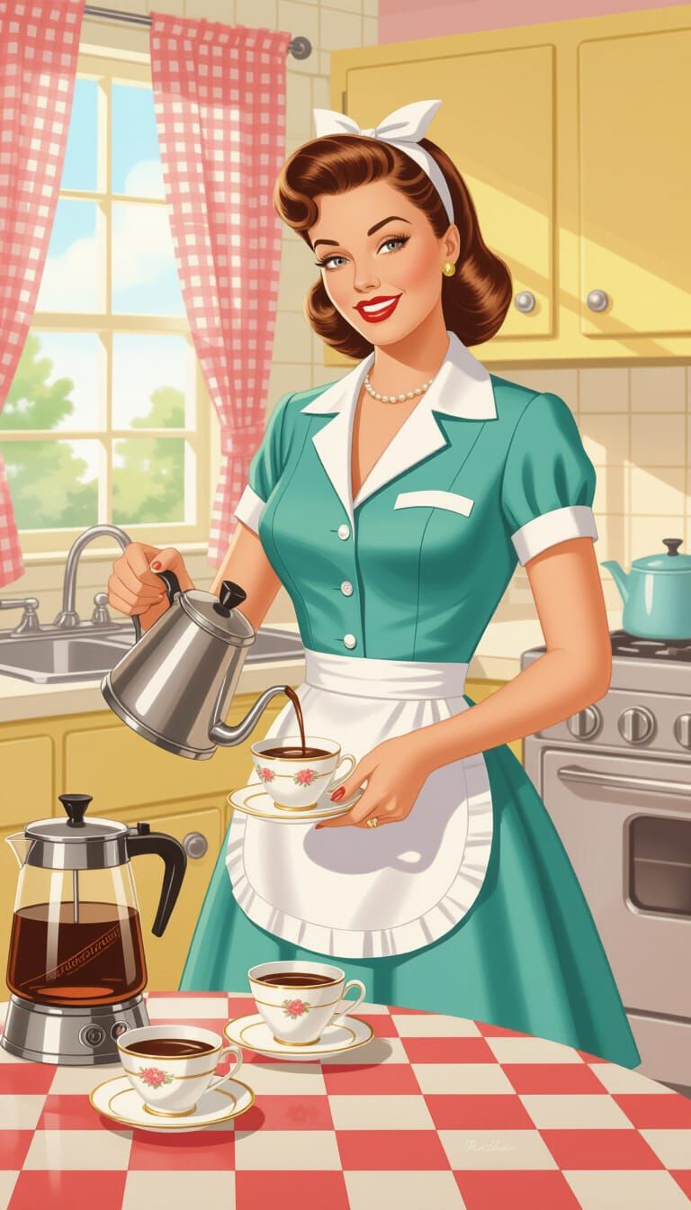 Elegant 1950s Housewife Pouring Coffee: Pin-Up Illustration