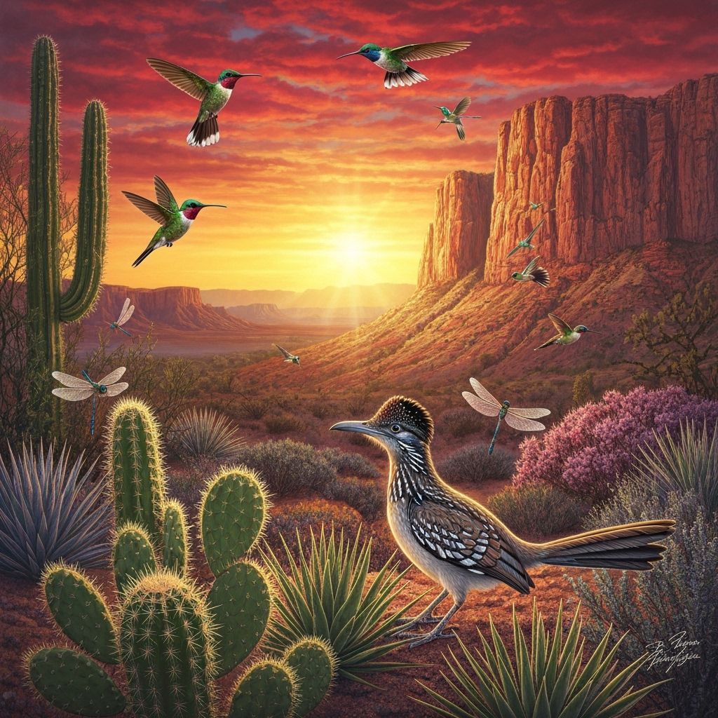 Vibrant Desert Garden with Wildlife, Detailed Realism