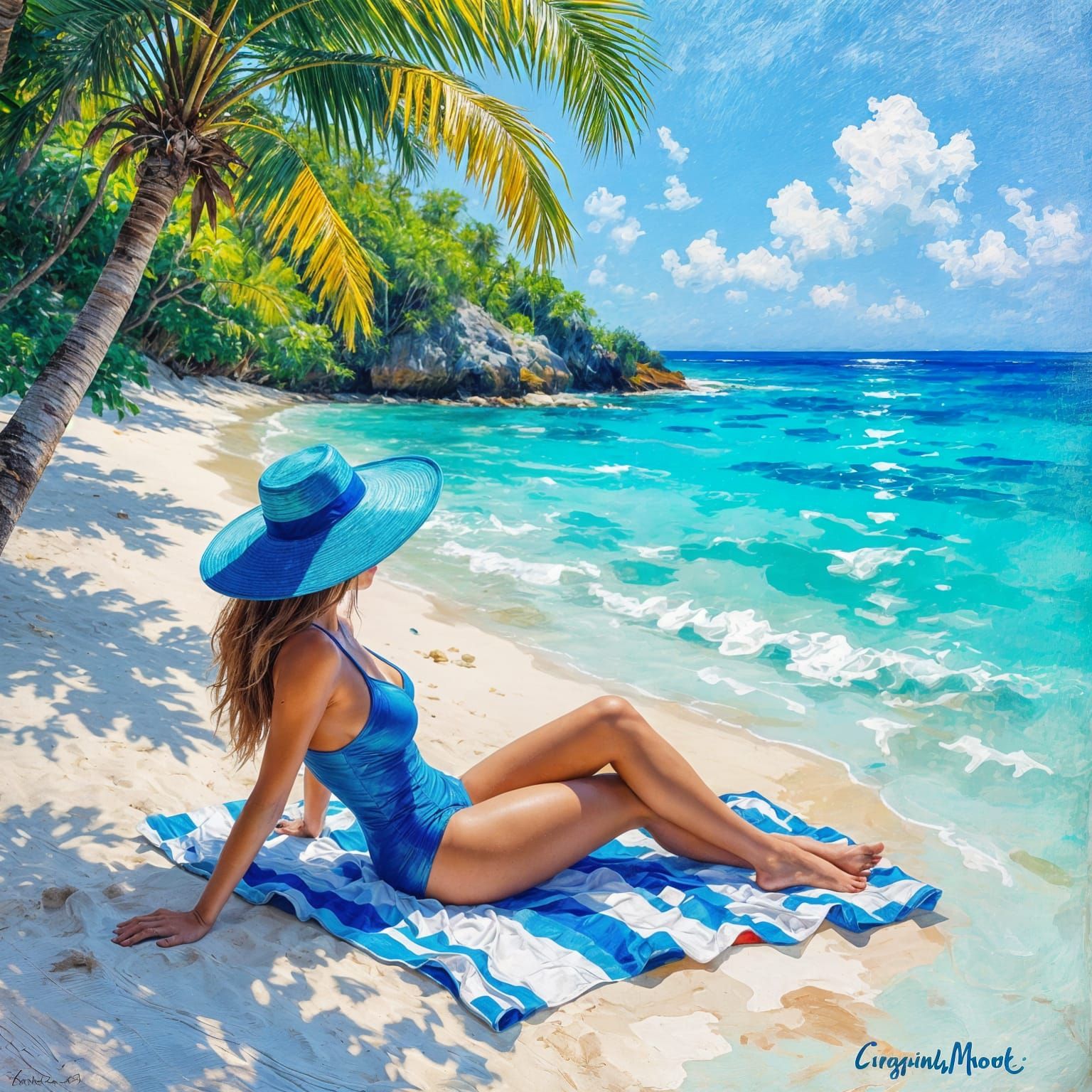 Woman Lounging on Tropical Beach in Impressionistic Style
