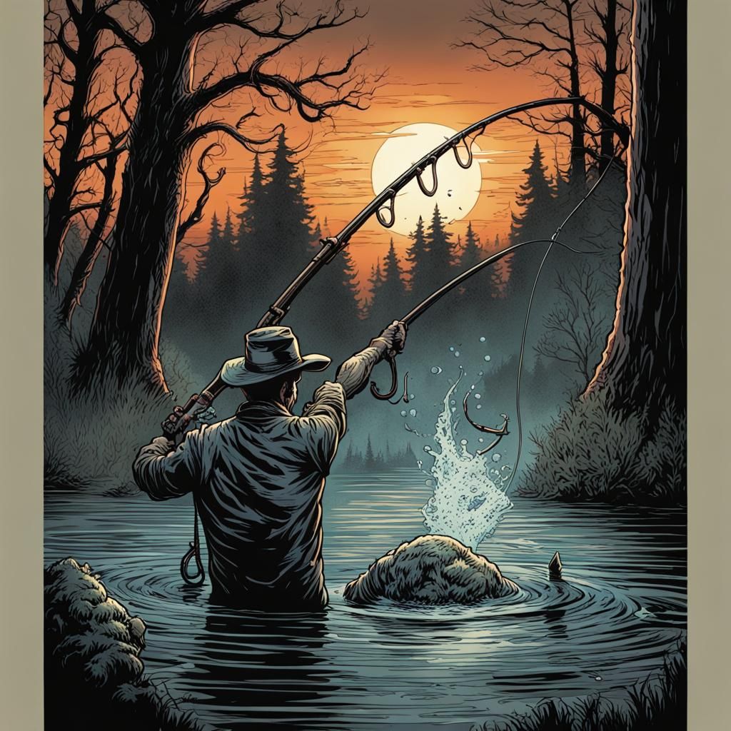 Horror Fishing Hook in Comic Book Art Style