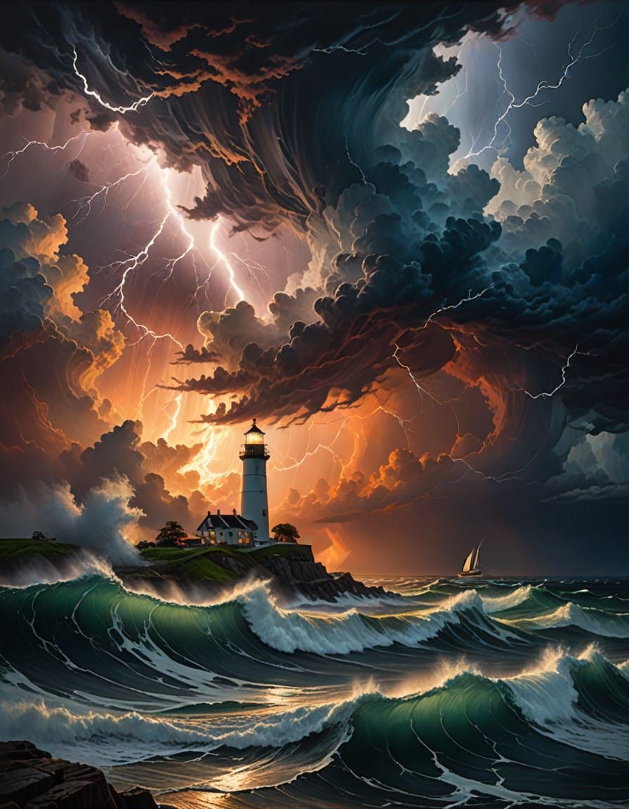 Dramatic Lighthouse Scene Amidst Stormy Seas and Lightning