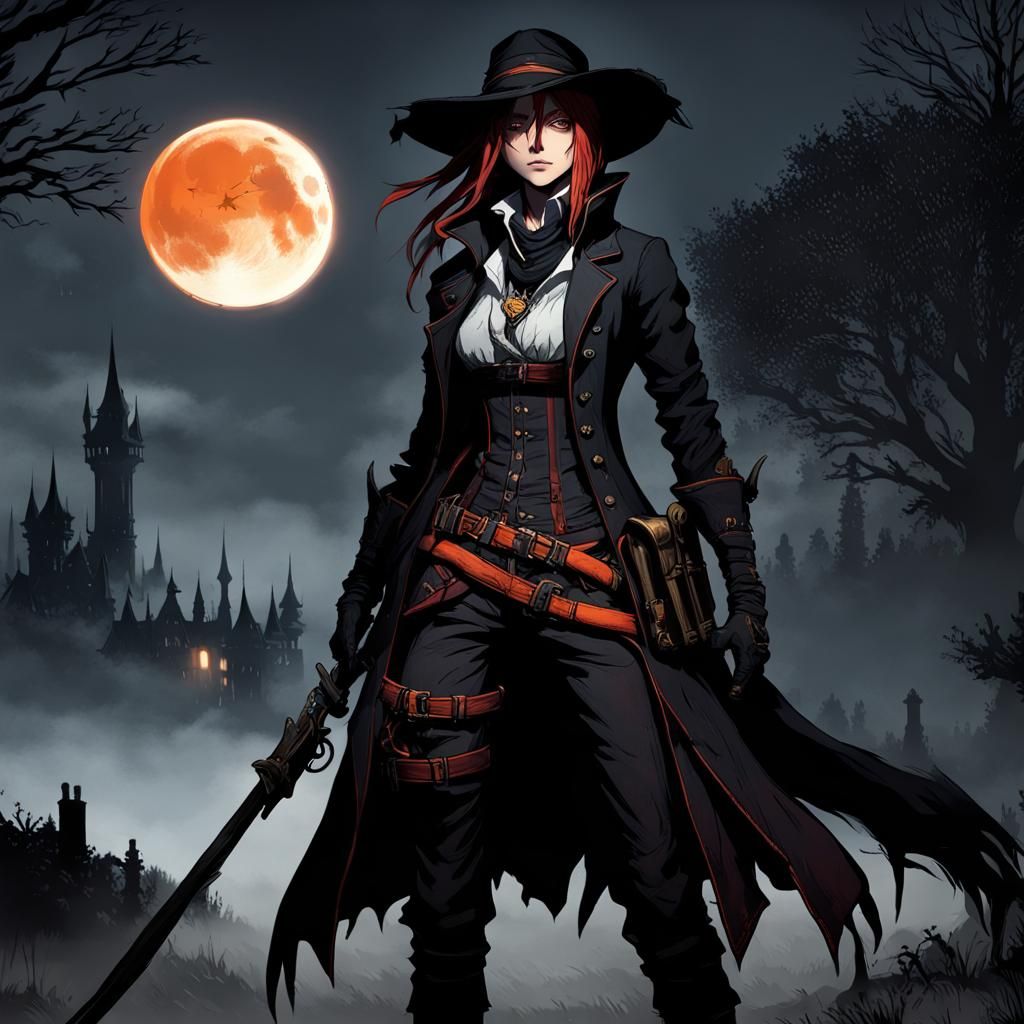 Female Hunter with Maroon Hair and Moon