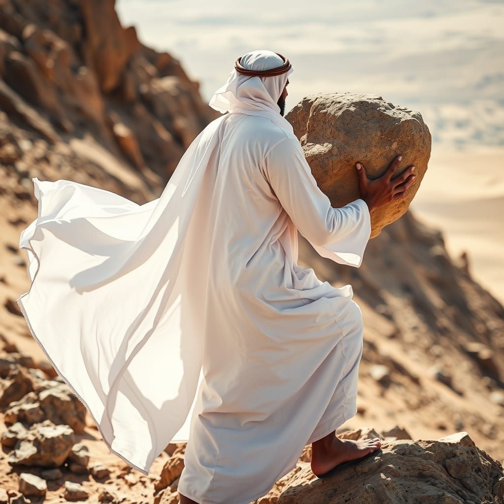 Strong Arab Man in Traditional Robe Lifts Stone on Rocky Des...