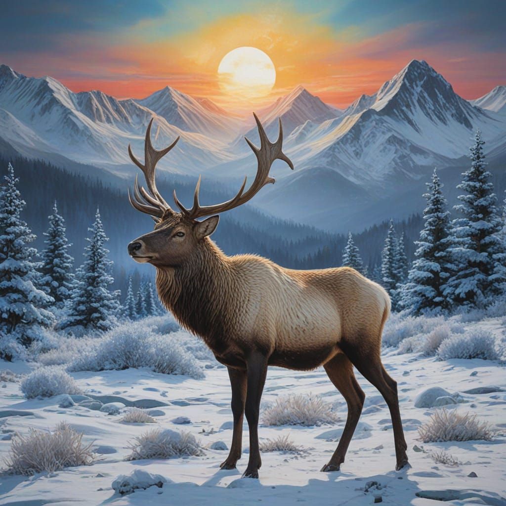 Acrylics, Noctilucent Glacial Elk Low Temperature, Hyperdetailed, Evening Encaustic Altitude Northern Gradient Encaustic...