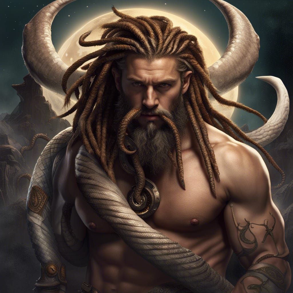 Detailed Painting of a Man with Bull and Trident