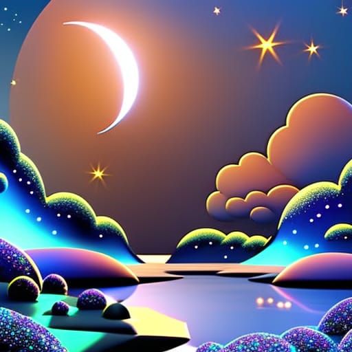 Lullaby Crescent Moon in Night Sky: 3D Digital Art