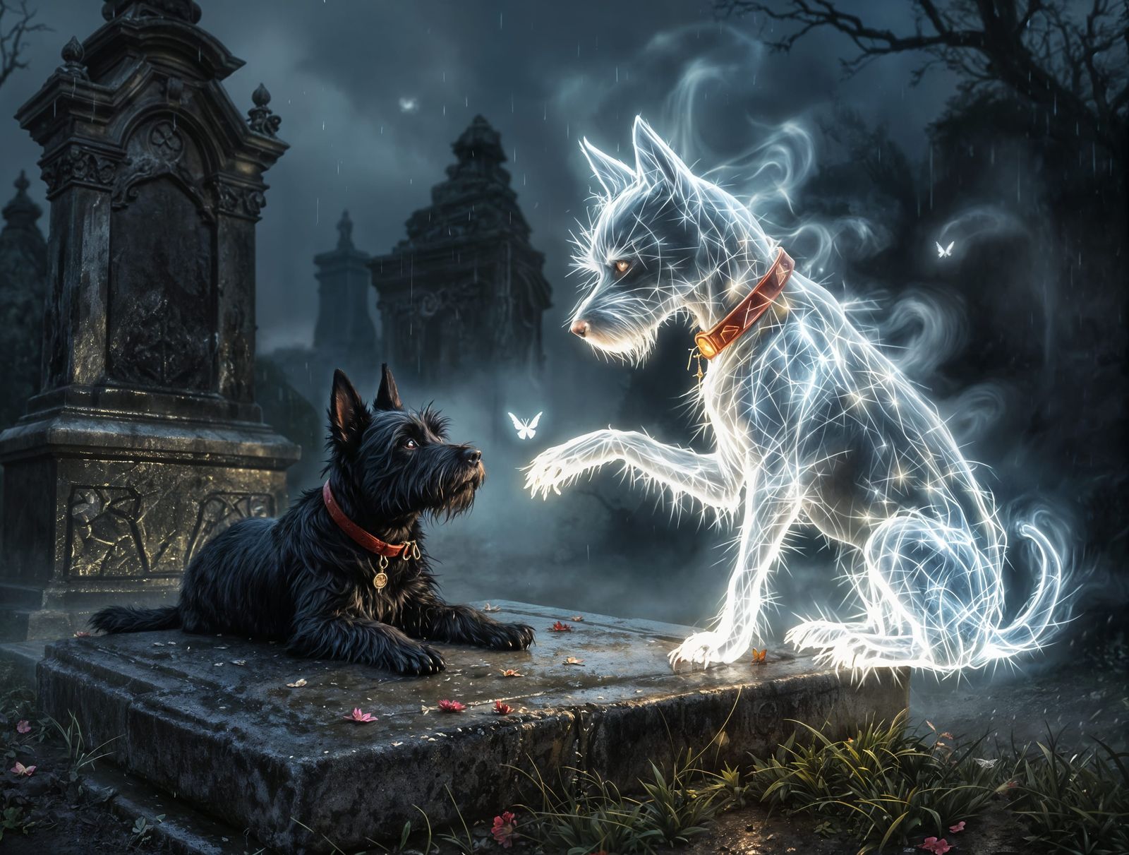 Surreal Victorian Graveyard Scene with Spirit Dog