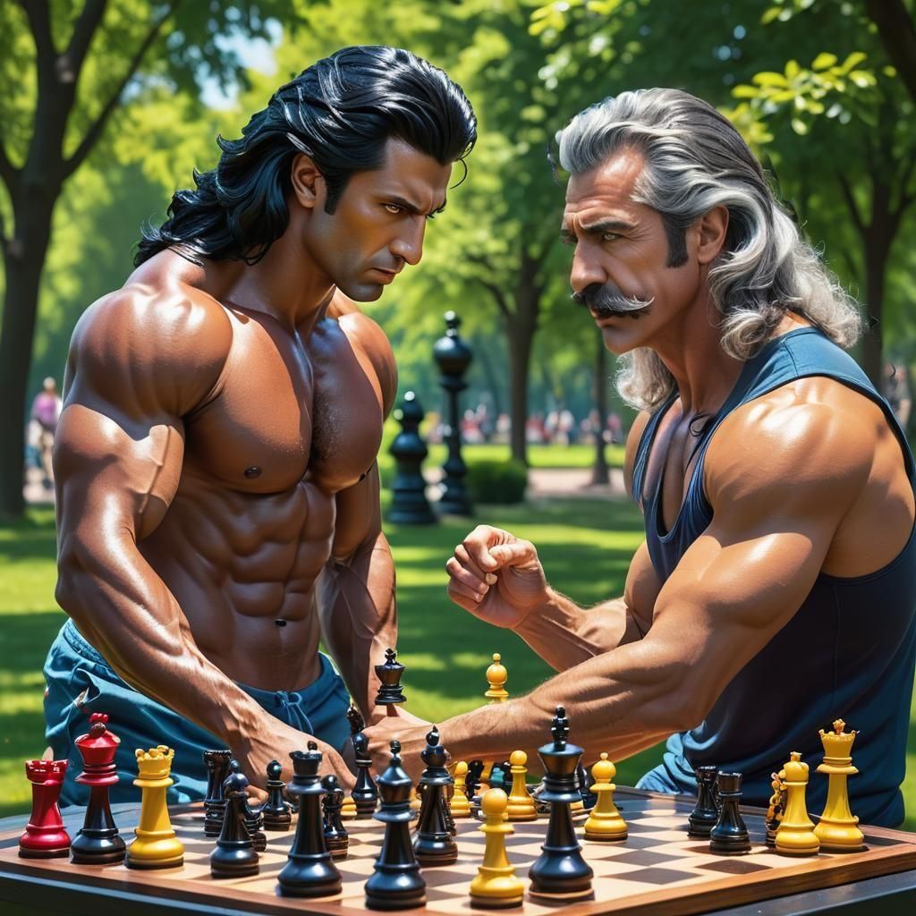 Hyperrealistic Muscular Man Playing Chess in Park