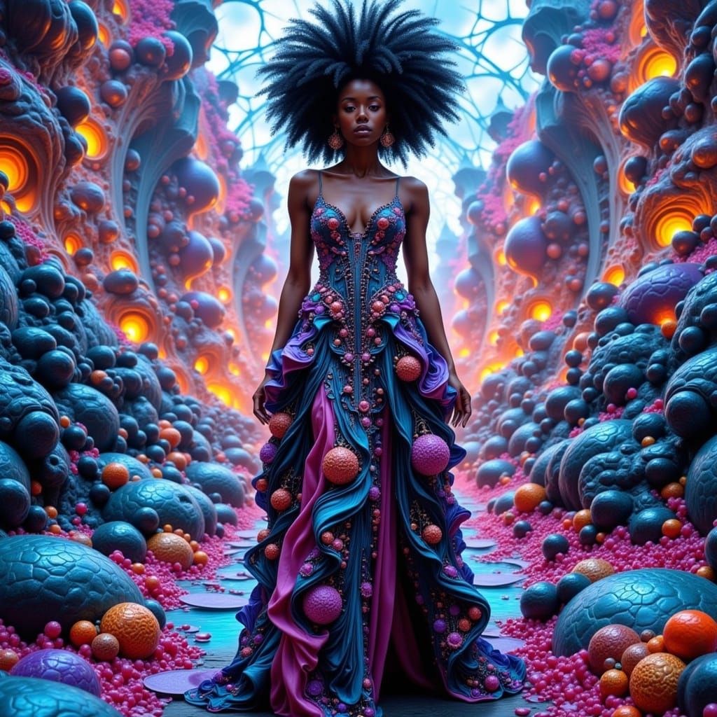 Surreal Fractal Landscape with African Goddess in Futuristic...