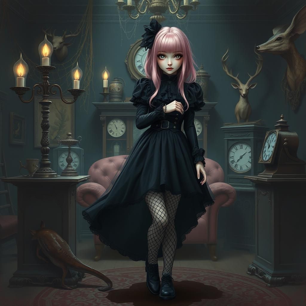 Goth Girl in Dim Parlor: Whimsical Digital Illustration