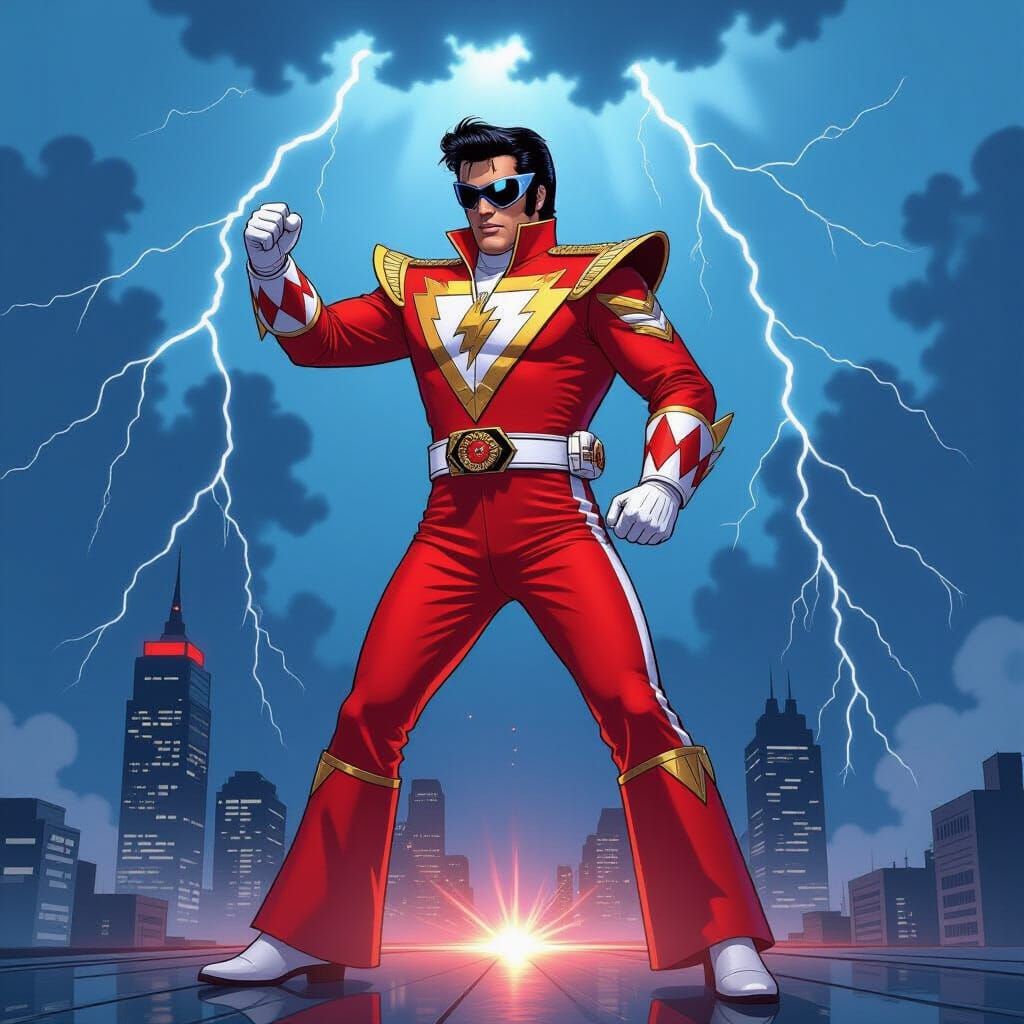 Elvis Presley as Red Ranger in Graphic Novel Style