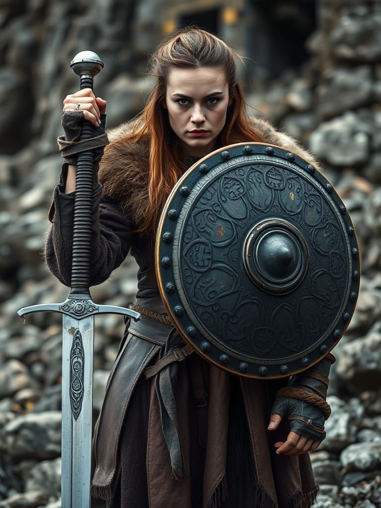 Viking Female Warrior Defiant with Intricately Designed Shie...