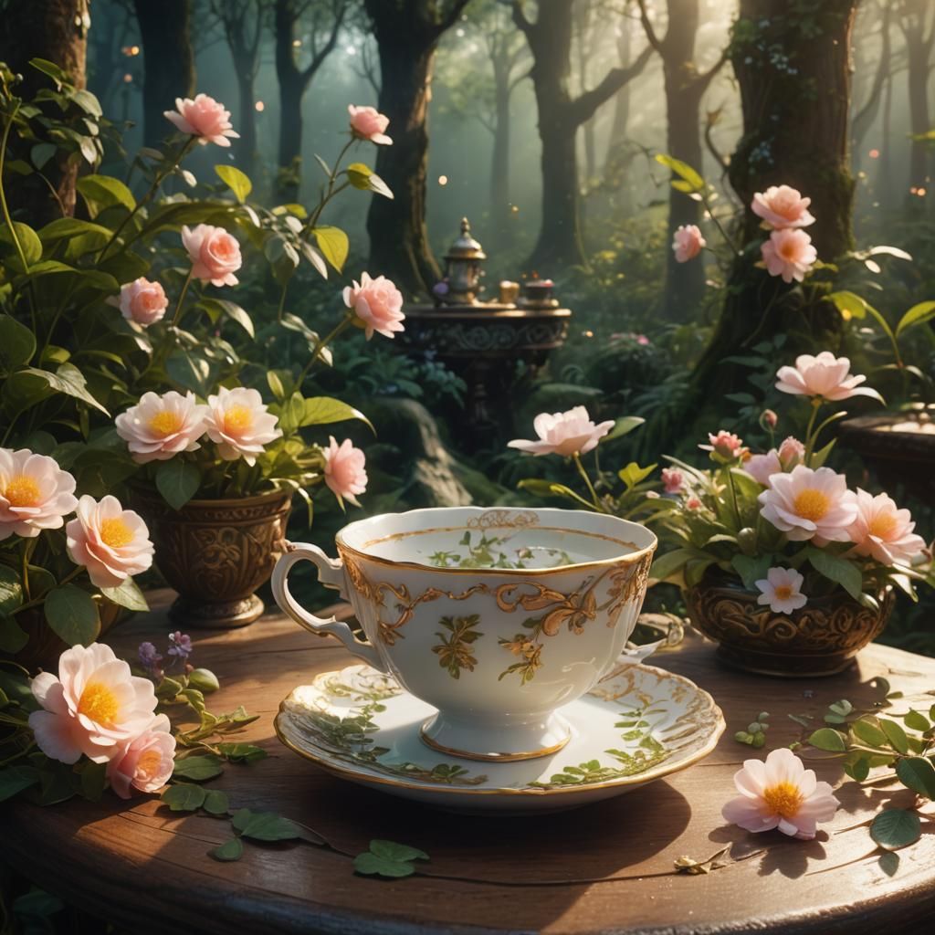 Misty Forest Teacup: A Cinematic Digital Painting