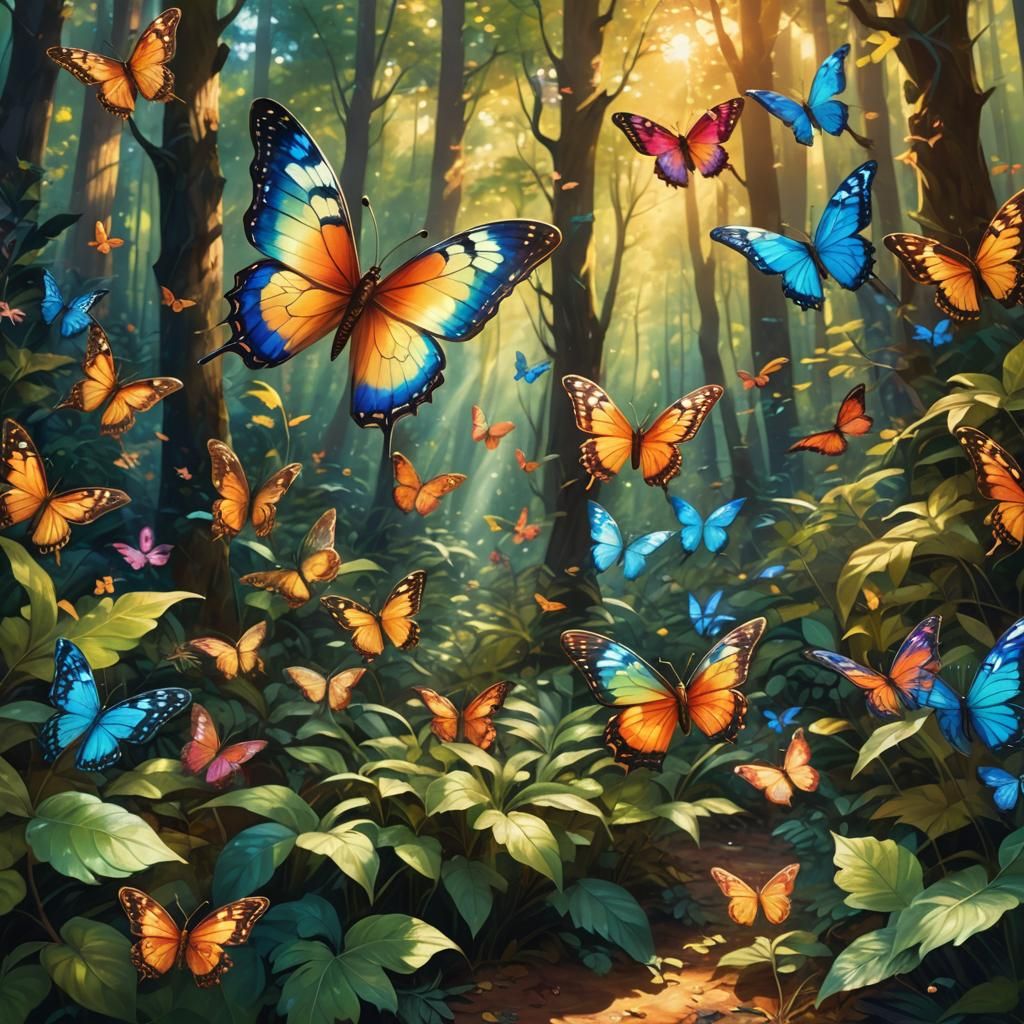 Whimsical Creatures Play in Lush Forest, Oil Painting