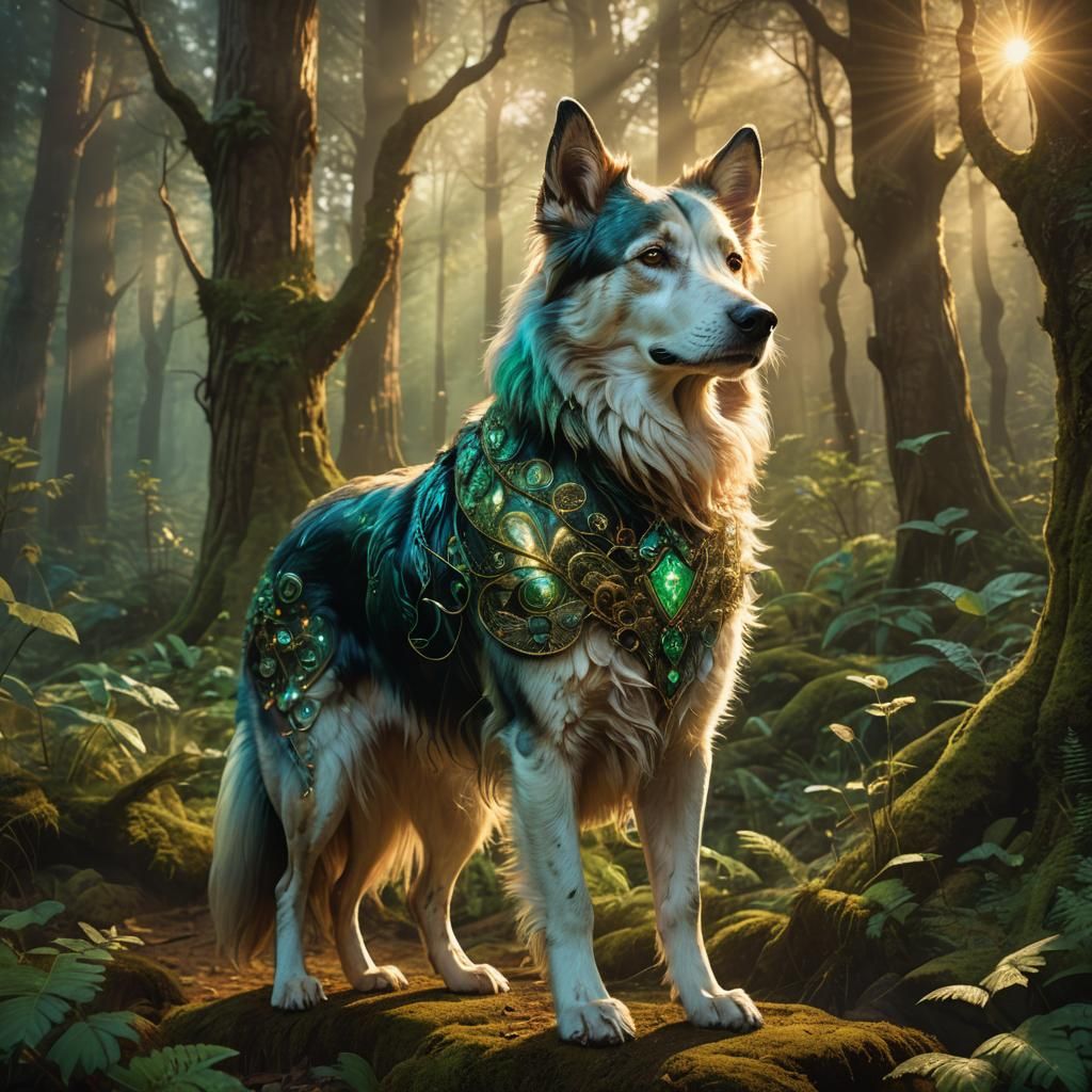 Majestic Dog Guardian in Mystical Forest, Digital Art