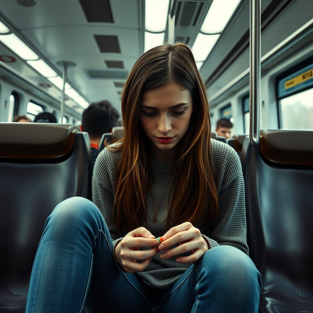 Moody Train Commuter in Hyperrealistic Style