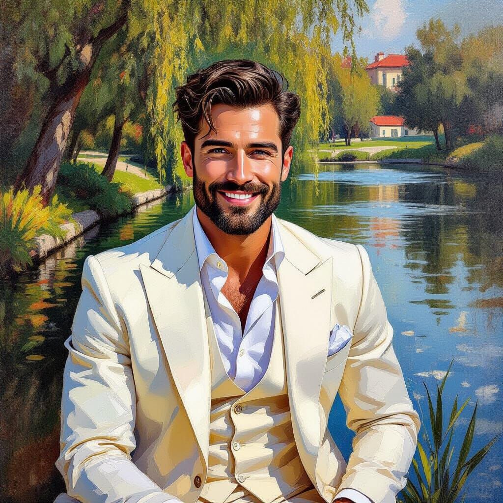 Man in Ivory Suit by Pond: Neo-Impressionist Oil Painting