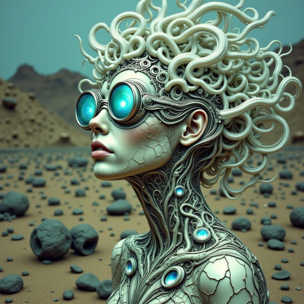 Ethereal Cyborg Woman with Bioluminescent Tiara