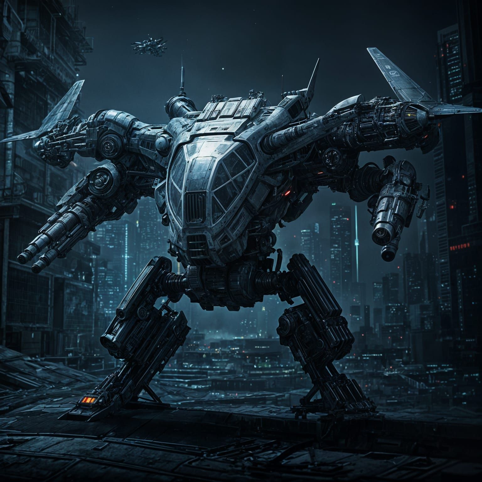 Futuristic HK-VTOL Unit Flying Over Ruined City