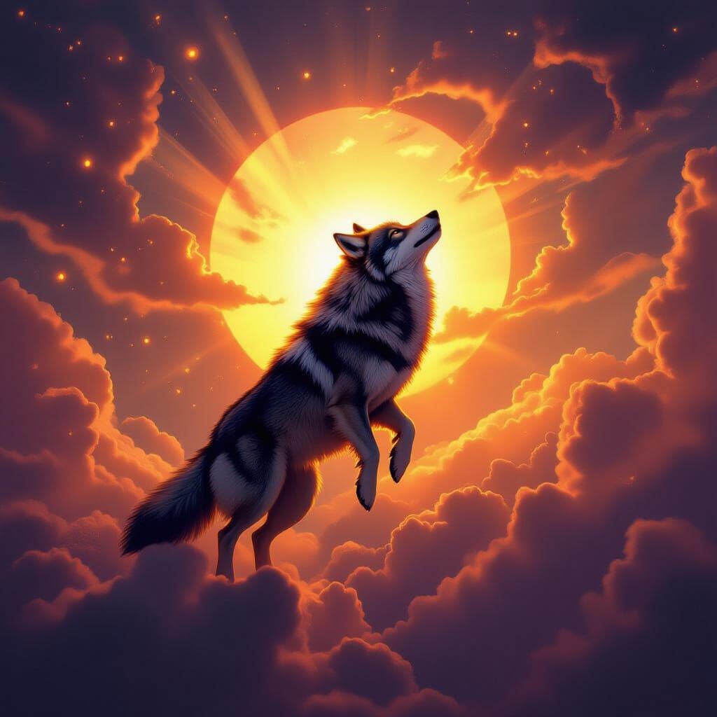 Majestic Wolf Ascends in Fiery Sunset