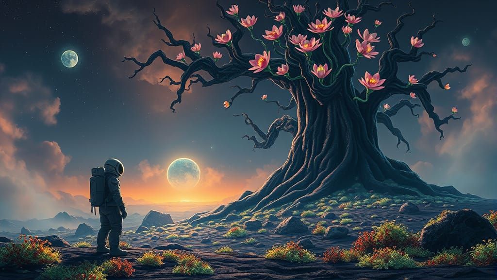 Astronaut and Bioluminescent Tree on Alien Planet