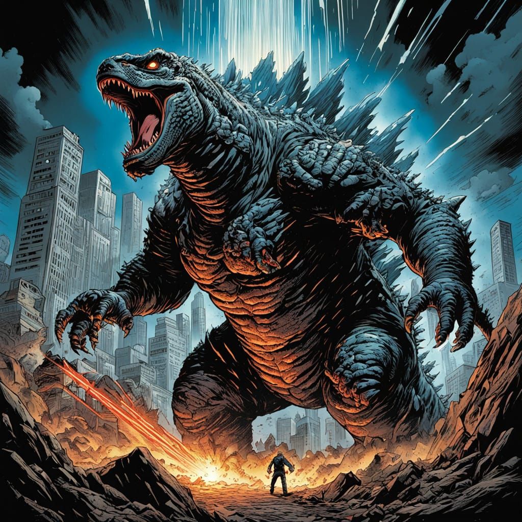 Godzilla Battles Superhero in Panicked City