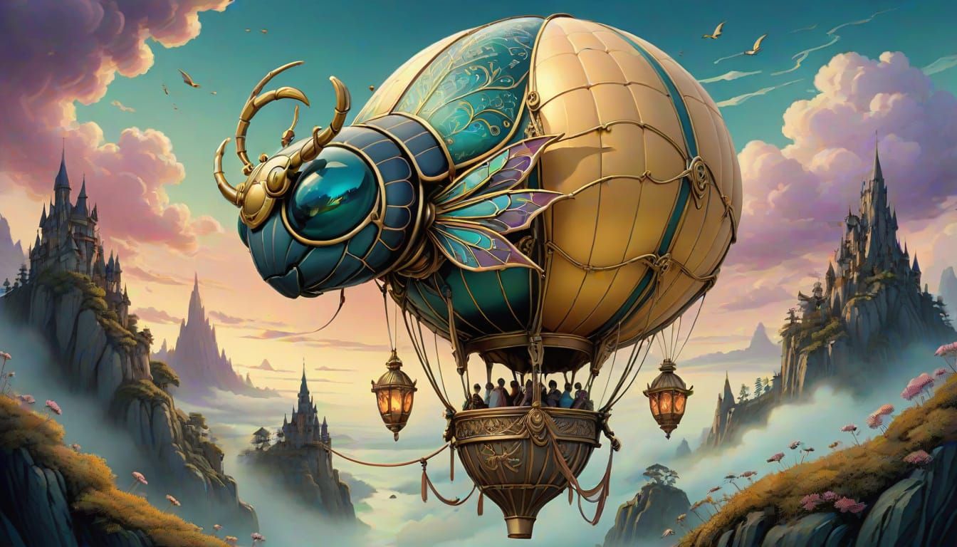 Steampunk Beetle Hot Air Balloon in Neo-Art Nouveau Style