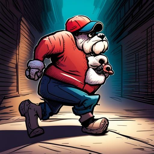 Cartoon Bulldog in Alleyway, Comic Book Art