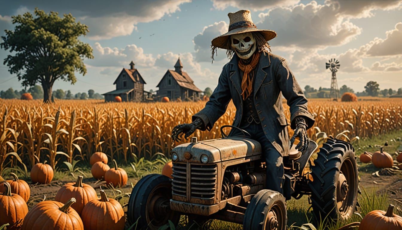 Ominous Scarecrow and Companion in Pumpkin Field