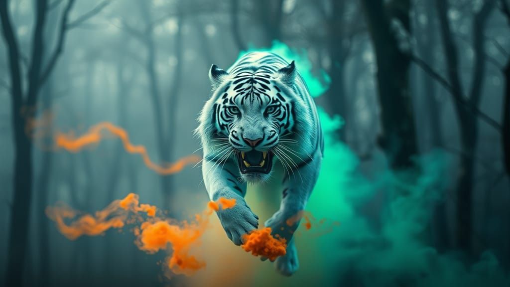 Majestic Tiger Made of Neon Smoke in Misty Forest